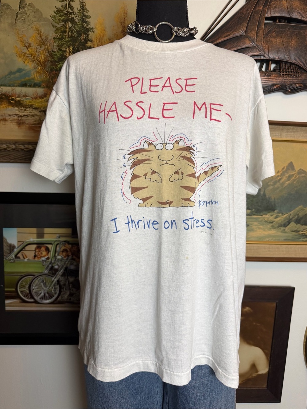 Vintage 1980-90s " I Thrive On Stress" Sandra Boynton "Cat" T-Shirt Size L